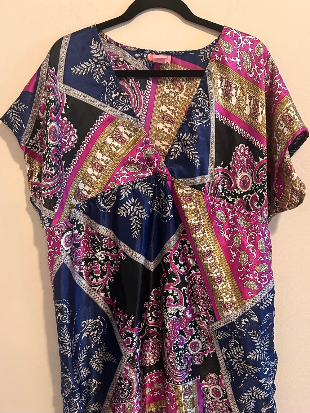 Printed V-Neck Short Sleeve Silky Women's Dress - Pink & Navy